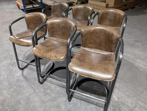 6x metalen Barkrukken - Leer - Kruk met metalen frame, Huis en Inrichting, Barkrukken, Zo goed als nieuw, 90 cm of meer, Leer
