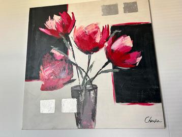 Abstract Schilderij Bloemen Vaas Gesigneerd Churdia Vierkant beschikbaar voor biedingen