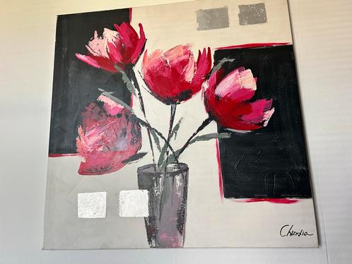 Abstract Schilderij Bloemen Vaas Gesigneerd Churdia Vierkant, Antiek en Kunst, Kunst | Schilderijen | Abstract, Ophalen