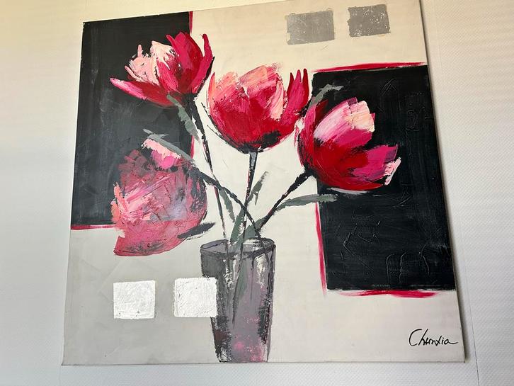 Abstract Schilderij Bloemen Vaas Gesigneerd Churdia Vierkant, Antiek en Kunst, Kunst | Schilderijen | Abstract, Ophalen
