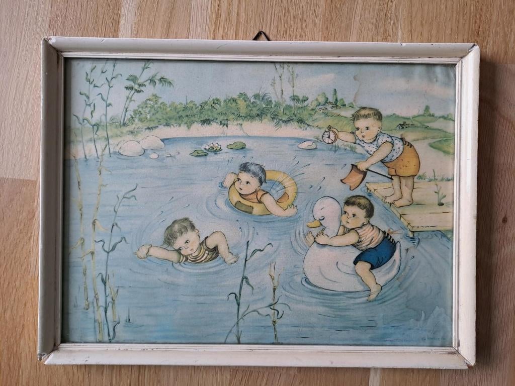 Mid-century vintage kinderprent in lijst, Gebruikt, Nvt vintage, Ophalen of Verzenden, Nvt vintage