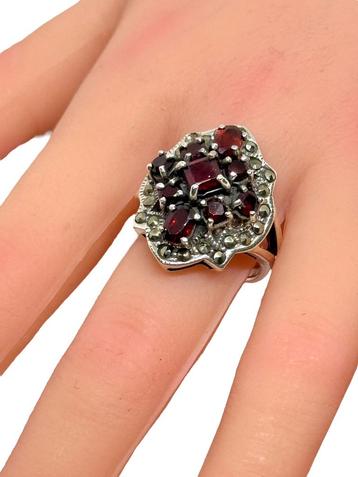 925 Zilveren ring met granaat en markasiet – Maat 61 beschikbaar voor biedingen