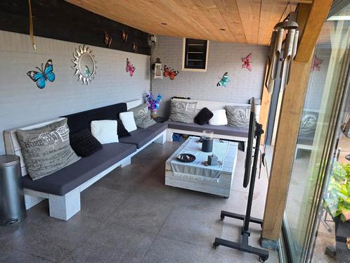 steigerhout loungeset met kussens en tafel op wielen, Tuin en Terras, Tuinsets en Loungesets, Gebruikt, Loungeset, Steigerhout