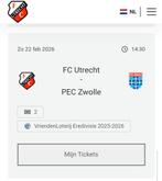 Fc utrecht pec zwolle ticket cityside, Tickets en Kaartjes, Losse kaart, Eén persoon, Februari
