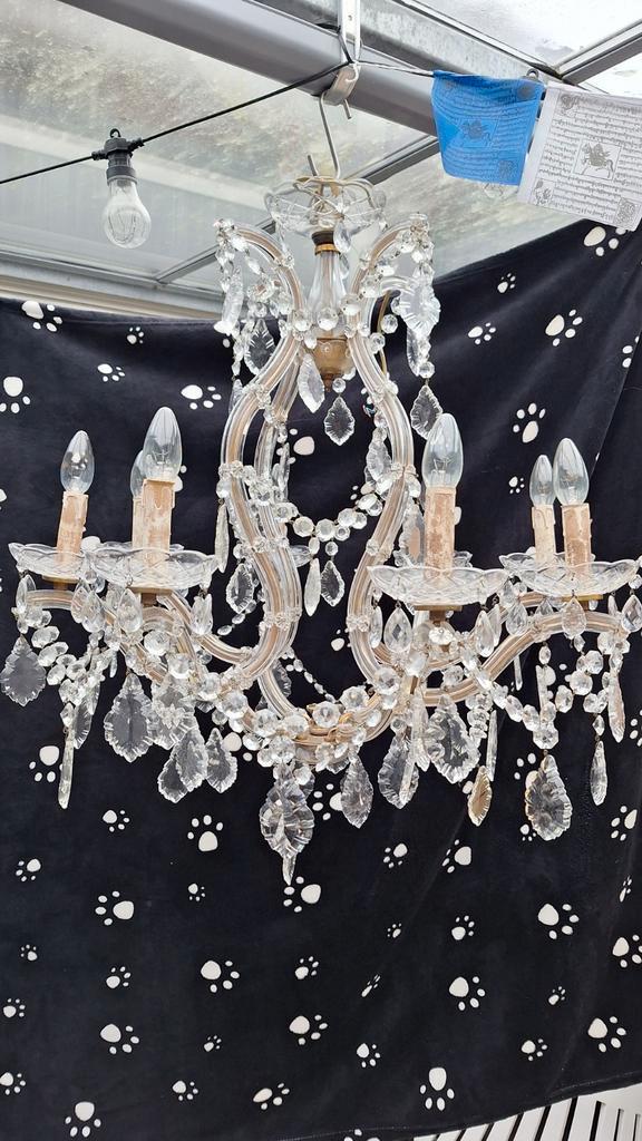 Antieke Kroonluchter met Kristallen, Huis en Inrichting, Lampen | Kroonluchters, Gebruikt, Glas, Metaal, Ophalen of Verzenden
