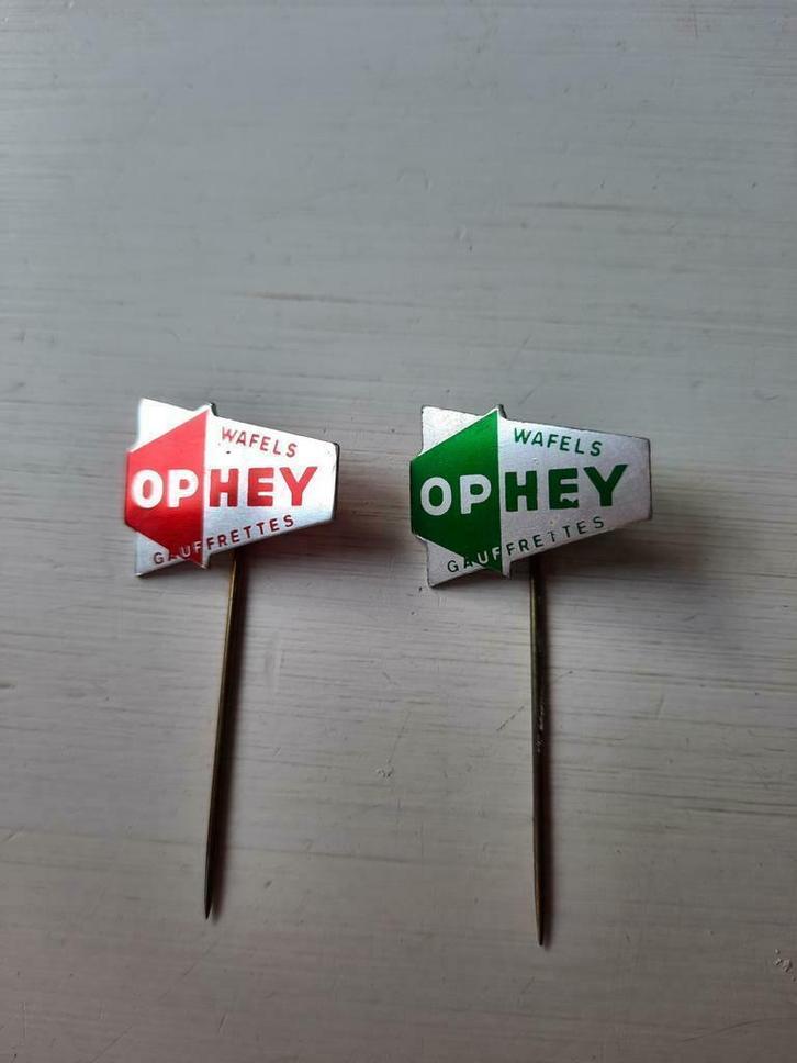 Ophey Wafels Gaufrettes Speldjes Speldje Rood en Groen, Verzamelen, Speldjes, Pins en Buttons, Gebruikt, Speldje of Pin, Merk