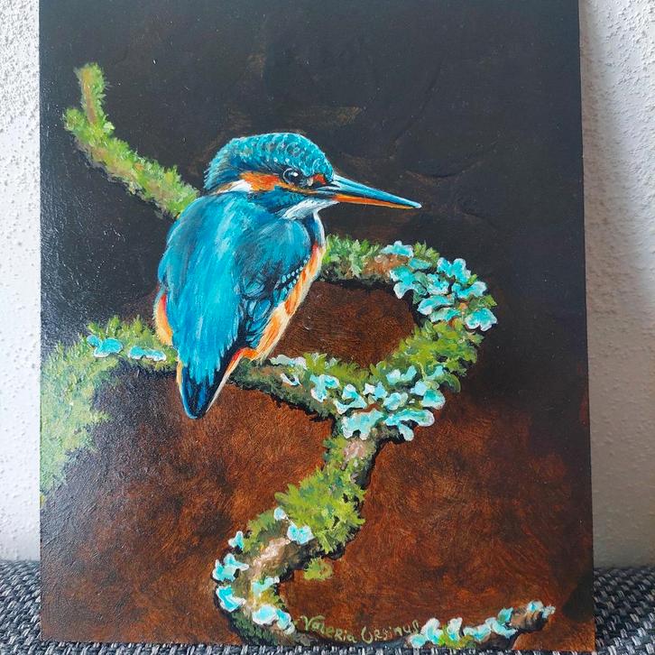 Olieverfschilderij in lijst van een kleine ijsvogel, Antiek en Kunst, Kunst | Schilderijen | Klassiek, Ophalen of Verzenden