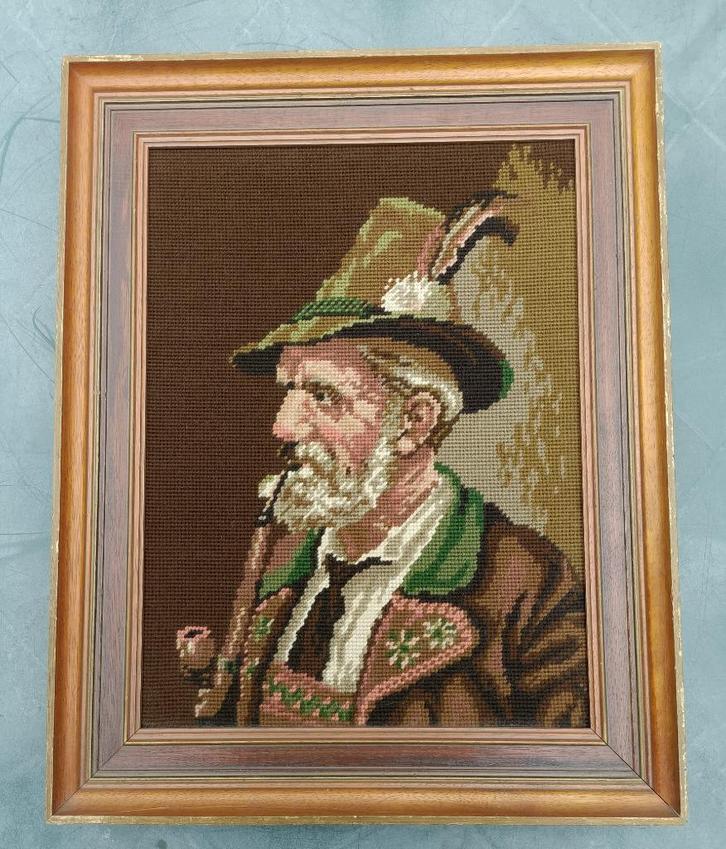 Hand geborduurd schilderij steelsteek man met pijp 50 x 38, Hobby en Vrije tijd, Borduren en Borduurmachines, Gebruikt, Overige typen