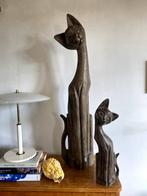 Vintage boho Kattenbeelden hout groot Indonesisch set/2 xxl, Verzamelen, Ophalen of Verzenden