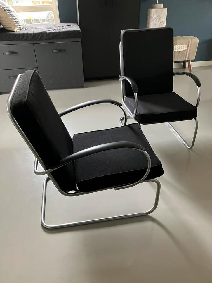 Gispen 407 fauteuil (2 stuks), Huis en Inrichting, Stoelen, Gebruikt, Twee, Metaal, Stof, Ophalen