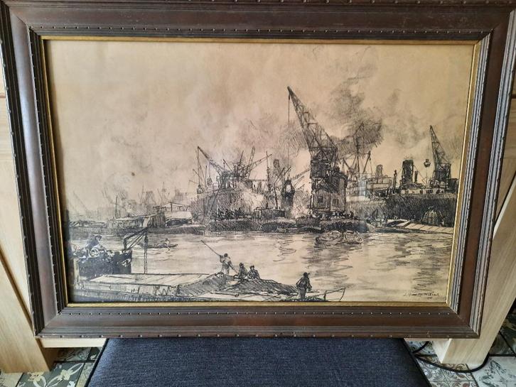 Schets houtskool  tekening Havengezicht, Antiek en Kunst, Kunst | Tekeningen en Foto's, Ophalen of Verzenden