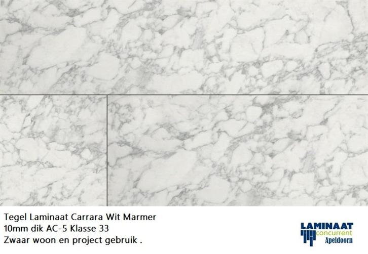 Tegel Laminaat €18,95p/m2 Carrara Wit Marmer 10mm dik AC-5, Huis en Inrichting, Stoffering | Vloerbedekking, Nieuw, Laminaat, Wit