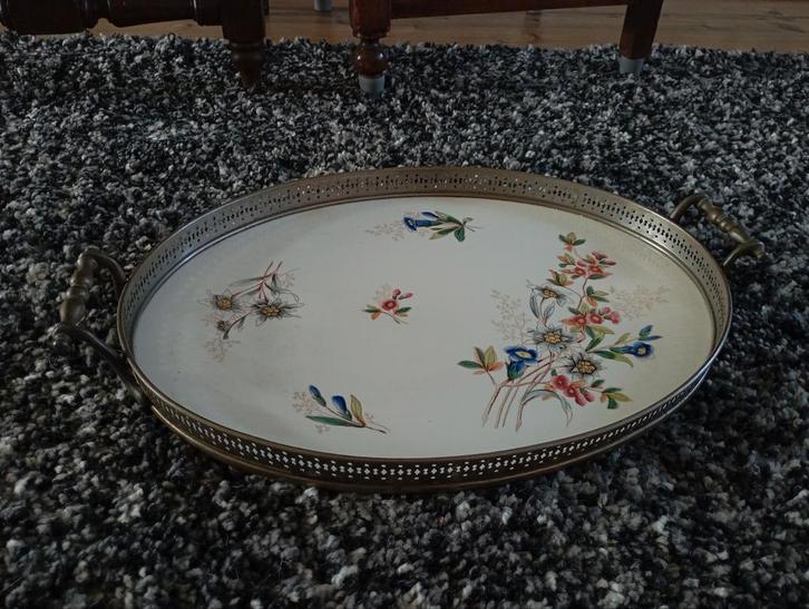 Antiek Porseleinen Dienblad met Tinnen Rand, Antiek en Kunst, Antiek | Schalen, Ophalen of Verzenden