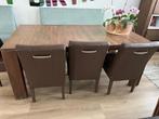 Donkerbruine eettafel met 4 stoelen, Huis en Inrichting, Tafels | Eettafels, Ophalen, Gebruikt, 100 tot 150 cm, Vijf personen of meer