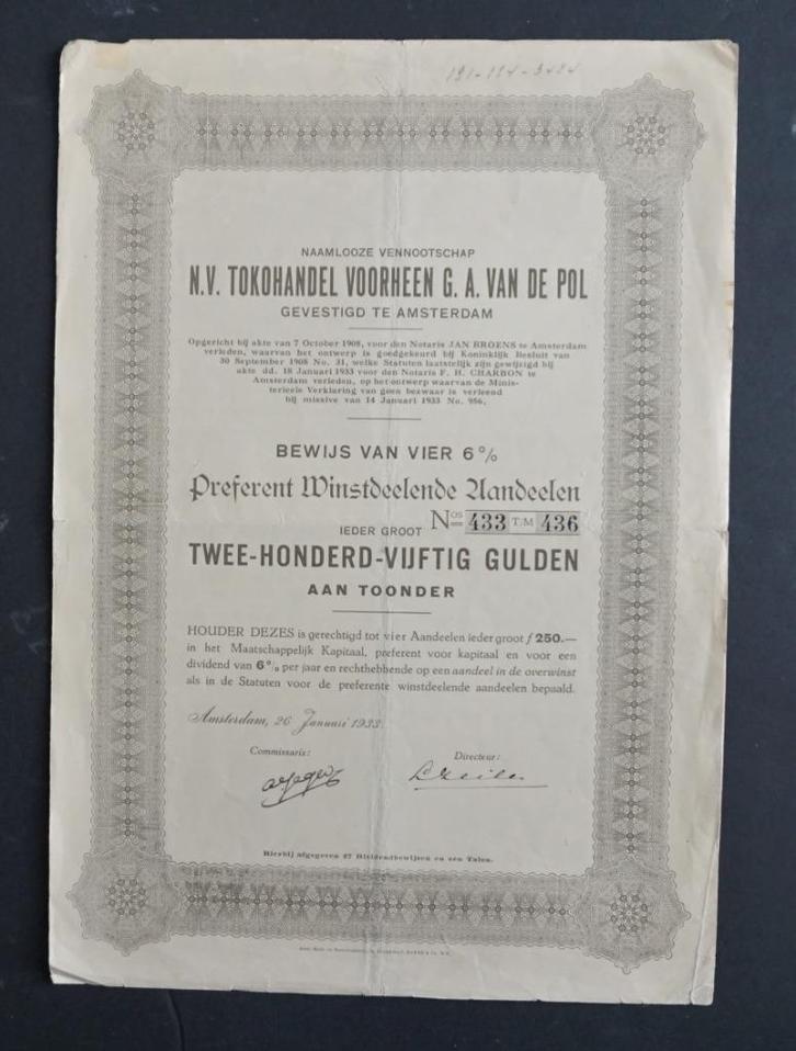 Tokohandel v/h G.A. van de Pol (Soerabaja / Ned.Indie)  1933, Postzegels en Munten, Aandelen en Waardepapieren, Aandeel, 1920 tot 1950
