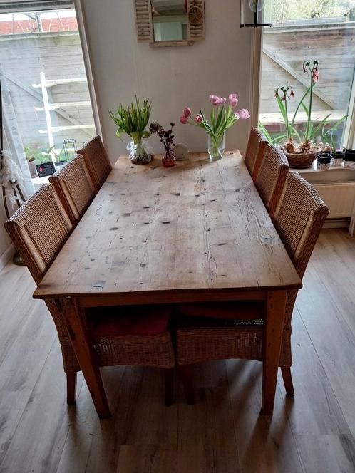 Antiek grenen Eettafel en 6 rieten eetkamer stoelen, Huis en Inrichting, Complete eetkamers, Gebruikt, 4 tot 6 stoelen, Ophalen