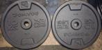 2x 10kg zwarte gietijzeren halterschijven 28mm DOMYOS, Ophalen, Gebruikt, Benen, Halterschijven