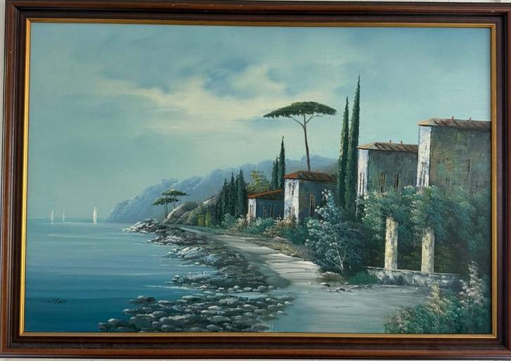 Mediterrane landschapschilderij – Olieverf op doek met lijst, Antiek en Kunst, Kunst | Schilderijen | Klassiek, Ophalen of Verzenden