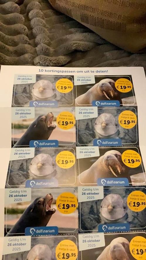 10 passen dolfinarium met friet, voor 8pers.Per pas, Tickets en Kaartjes, Kortingen en Cadeaubonnen, Drie personen of meer, Overige typen