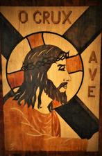 Intarsia paneel Jezus met doornenkroon O CRUX AVE, Antiek en Kunst, Antiek | Religie, Ophalen of Verzenden