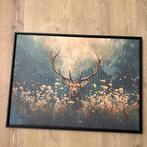 Canvas hert met bloemen - 70x50 cm - incl. zwarte baklijst, Huis en Inrichting, Woonaccessoires | Wanddecoraties, Nieuw, Ophalen of Verzenden