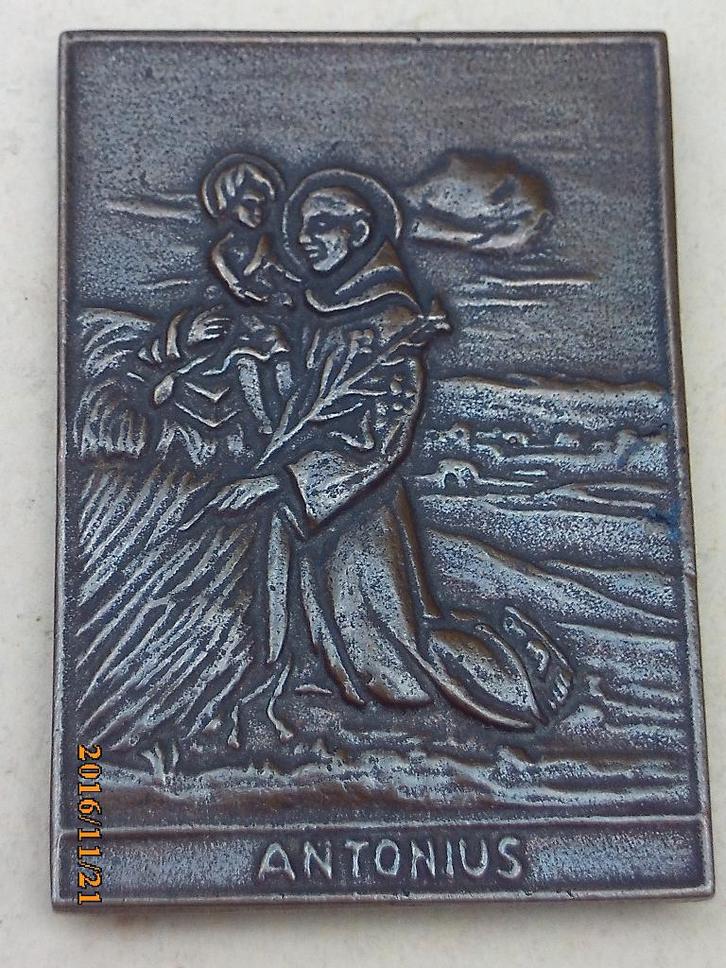 St Antonius bronzen plaquette Antonius met kind en tak oud, Antiek en Kunst, Antiek | Religie, Ophalen of Verzenden
