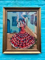 Vintage geborduurd schilderij flamenco danseres zigeunerin, Antiek en Kunst, Ophalen of Verzenden