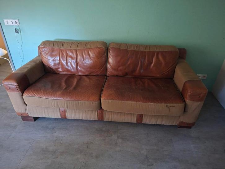 Mooie leren en canvasbank (3 persoons), Huis en Inrichting, Banken | Bankstellen, Gebruikt, 200 tot 250 cm, 75 tot 100 cm, Ophalen