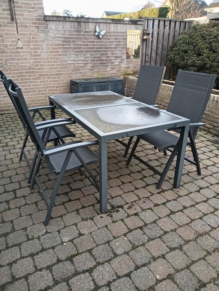 Aluminium tuinset met stenen blad, Tuin en Terras, Tuinsets en Loungesets, Gebruikt, Tuinset, Aluminium, 4 zitplaatsen, Eettafel
