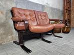 Jaren 60 Deens Design Bank | Cognac Bruine Leren 2-Zits Sofa, Hout, Minder dan 150 cm, Rechte bank, Gebruikt