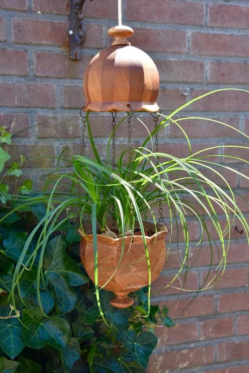 Vintage Houten Hanglamp met Hang(planten)Pot, Huis en Inrichting, Lampen | Hanglampen, Gebruikt, 50 tot 75 cm, Hout, Ophalen of Verzenden
