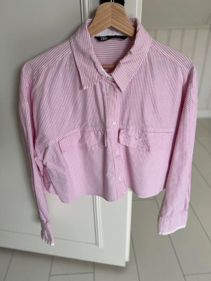 Roze gestreepte Cropped blouse van Zara, Kleding | Dames, Blouses en Tunieken, Zo goed als nieuw, Maat 38/40 (M), Roze, Ophalen of Verzenden
