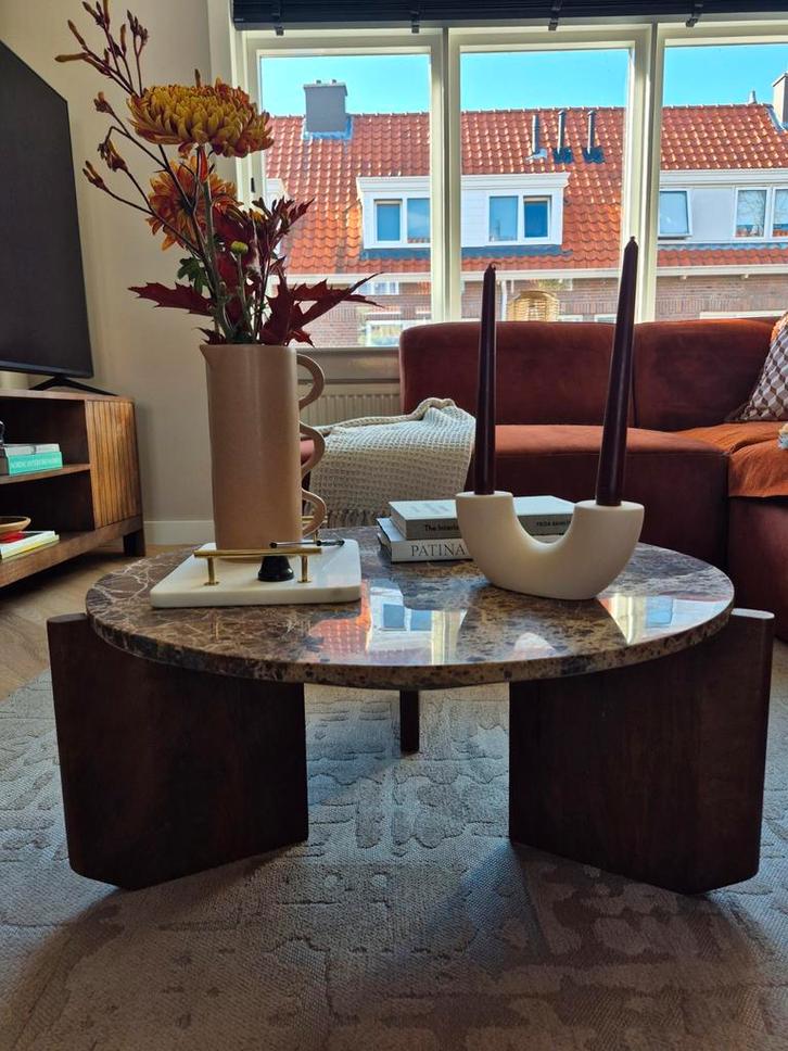 Travertin & Mango Houten Salontafel - 70cm, Huis en Inrichting, Tafels | Salontafels, Gebruikt, Minder dan 50 cm, 50 tot 100 cm