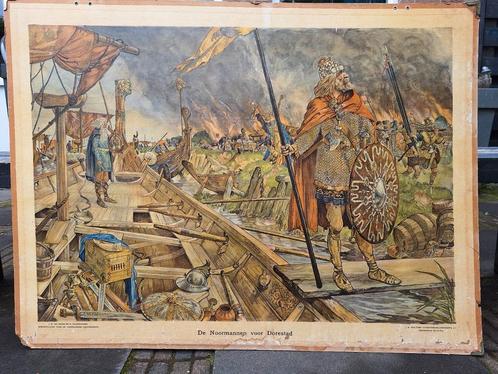 Schoolplaat: De Noormannen voor Dorestad, Antiek en Kunst, Antiek | Schoolplaten, Geschiedenis, Ophalen of Verzenden