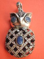 Prachtige dubbele Zilveren Hanger - Uiltje met Saffieren, Verzenden, Zilver, Hanger, Met edelsteen