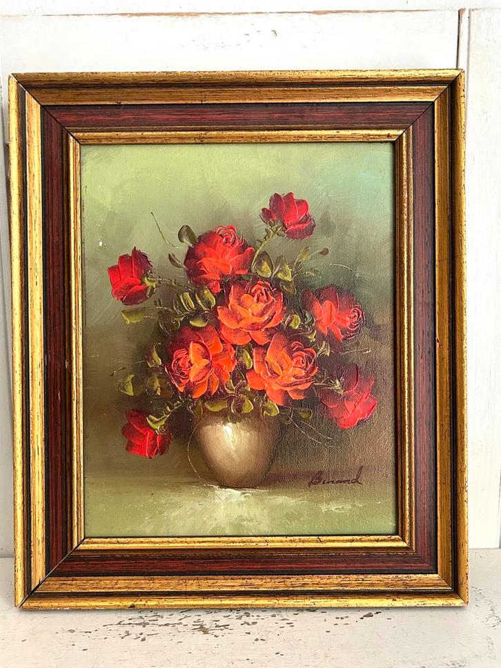 Vintage olieverf schilderij rozen in vaas 32 x 27 cm, Antiek en Kunst, Kunst | Schilderijen | Klassiek, Ophalen
