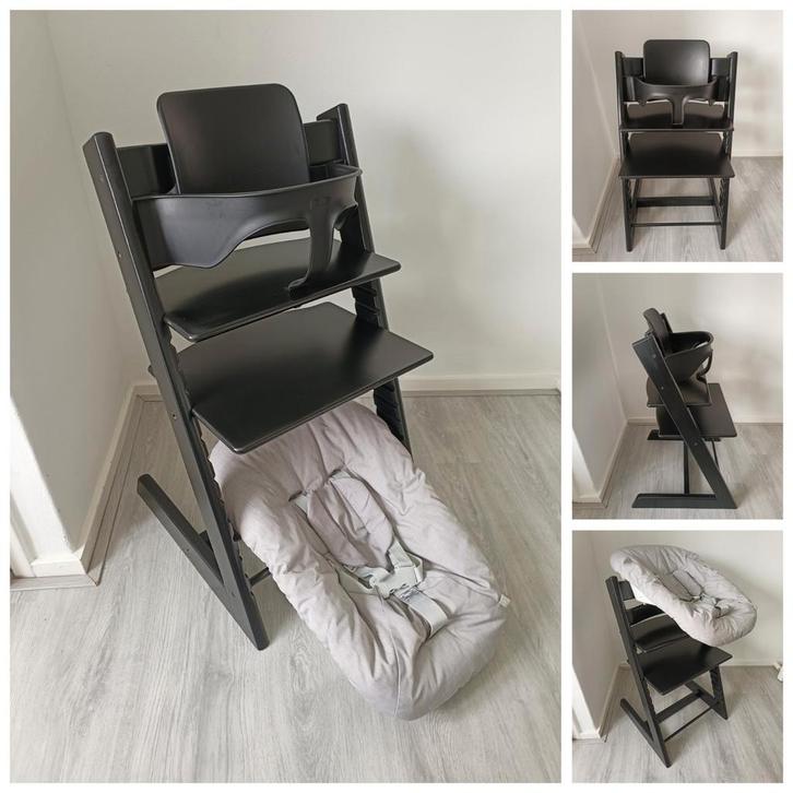 Stokke Tripp Trapp zwart+babyset,2 standen newbornset, Kinderen en Baby's, Kinderstoelen, Zo goed als nieuw, Meegroeistoel, Aanschuifbaar