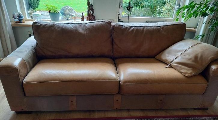 Leren bank+2 fauteuils, Huis en Inrichting, Fauteuils, Gebruikt, Leer, Stof, 125 cm of meer, 75 tot 100 cm, Ophalen