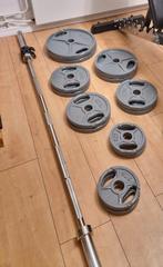 150kg olympische gewichten + olympische stang 220cm 20kg50mm, Ophalen, Zo goed als nieuw