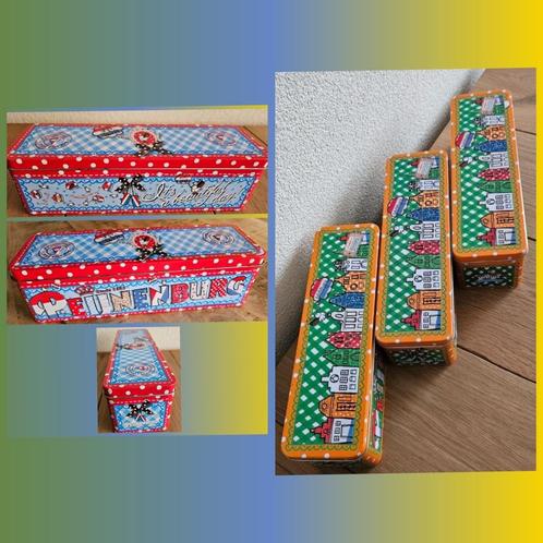 Peijnenburg rood/blauw (1 st) & oranje/groen (3 st) koekblik, Verzamelen, Blikken, Gebruikt, Koek(jes), Overige merken, Ophalen of Verzenden