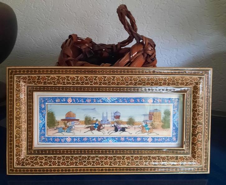 Perzisch Miniatuur Schilderij in Khatam Kari Lijst, Antiek en Kunst, Kunst | Niet-Westerse kunst, Ophalen of Verzenden