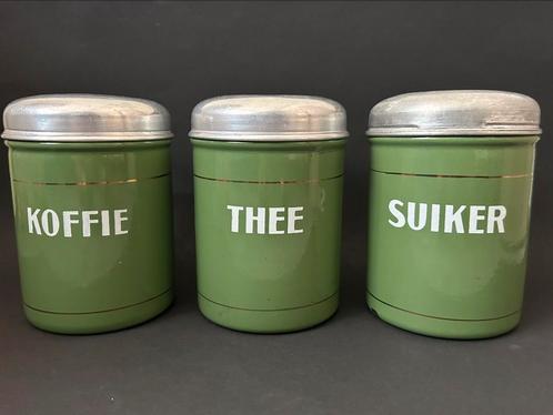 Reseda Groen Koffie, Thee, Suiker Voorraadbussen met Bies, Antiek en Kunst, Antiek | Emaille, Ophalen of Verzenden