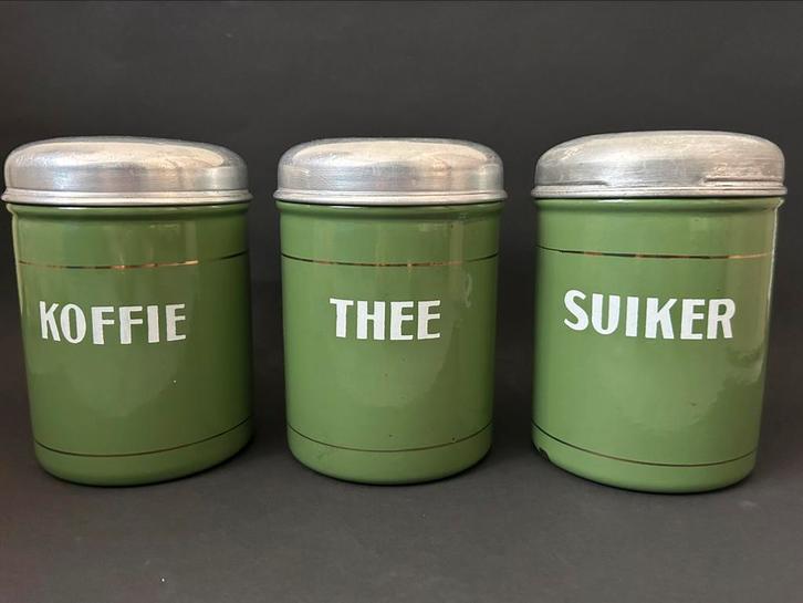 Reseda Groen Koffie, Thee, Suiker Voorraadbussen met Bies, Antiek en Kunst, Antiek | Emaille, Ophalen of Verzenden