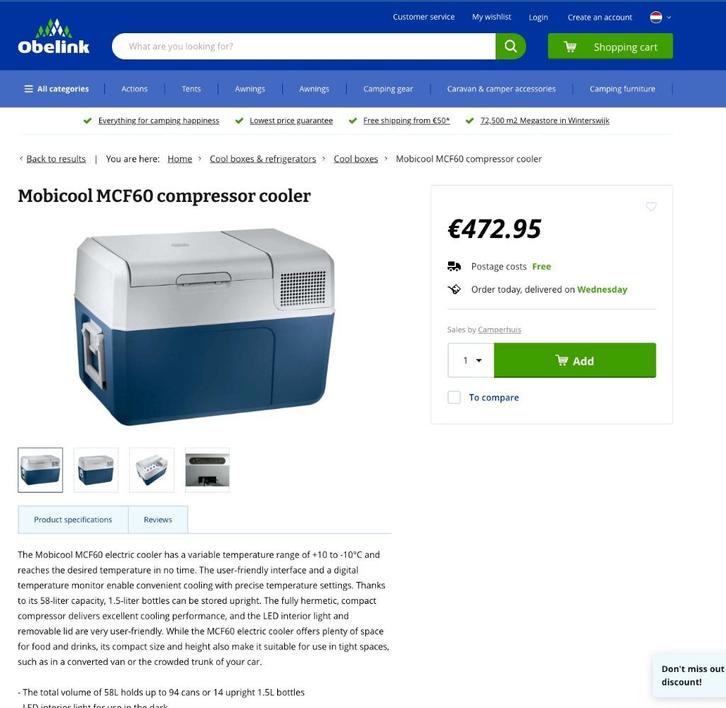 Cooling box/Refrigerator MobiCool MCF60 Compressor, Caravans en Kamperen, Koelboxen, Gebruikt, Koelbox, Compressor, Ophalen of Verzenden