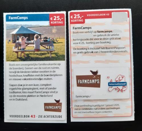 FarmCamps €25,- korting per boeking, Tickets en Kaartjes, Kortingen en Cadeaubonnen, Drie personen of meer, Bungalowpark, Kortingsbon