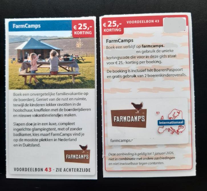 FarmCamps €25,- korting per boeking, Tickets en Kaartjes, Kortingen en Cadeaubonnen, Drie personen of meer, Bungalowpark, Kortingsbon