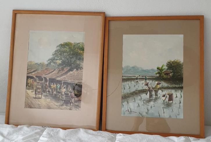 2 aquarellen, marktplein en rijst velden van schilder Rahman, Antiek en Kunst, Kunst | Schilderijen | Klassiek, Verzenden