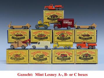 Gezocht: Mint Lesney A-, B- or C-Boxes (with model).