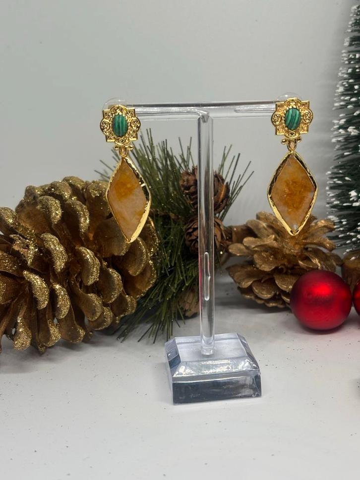 Goud Vergulde Citrien Oorbellen met Malachiet, Sieraden, Tassen en Uiterlijk, Oorbellen, Nieuw, Verzenden