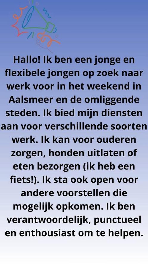 Jonge Verantwoordelijke Zoekt Weekendwerk in Aalsmeer en Omg, Vacatures, Profielen | Man/Vrouw zoekt werk